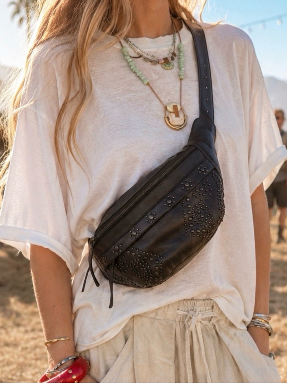 NWT Free people Ana Adorned Sling Bag Black Studded Leather Y2K